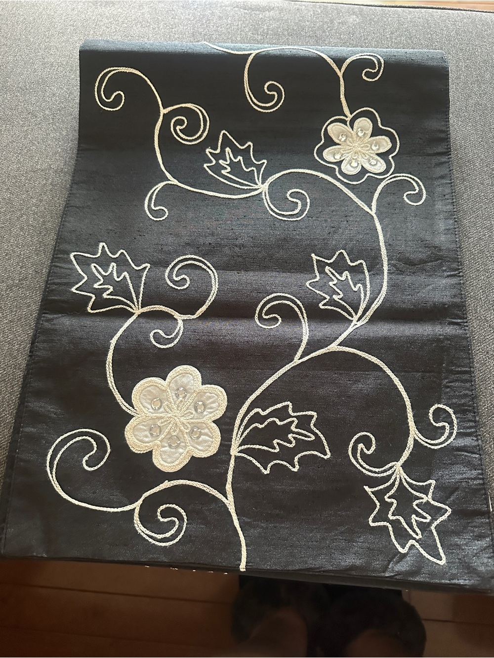 Black Table Runner with Silver Floral Embroidery (72 Inches)